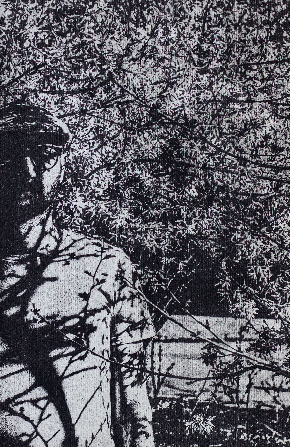 portrait of a man in front of a bush fine art photography alternative print gumoil